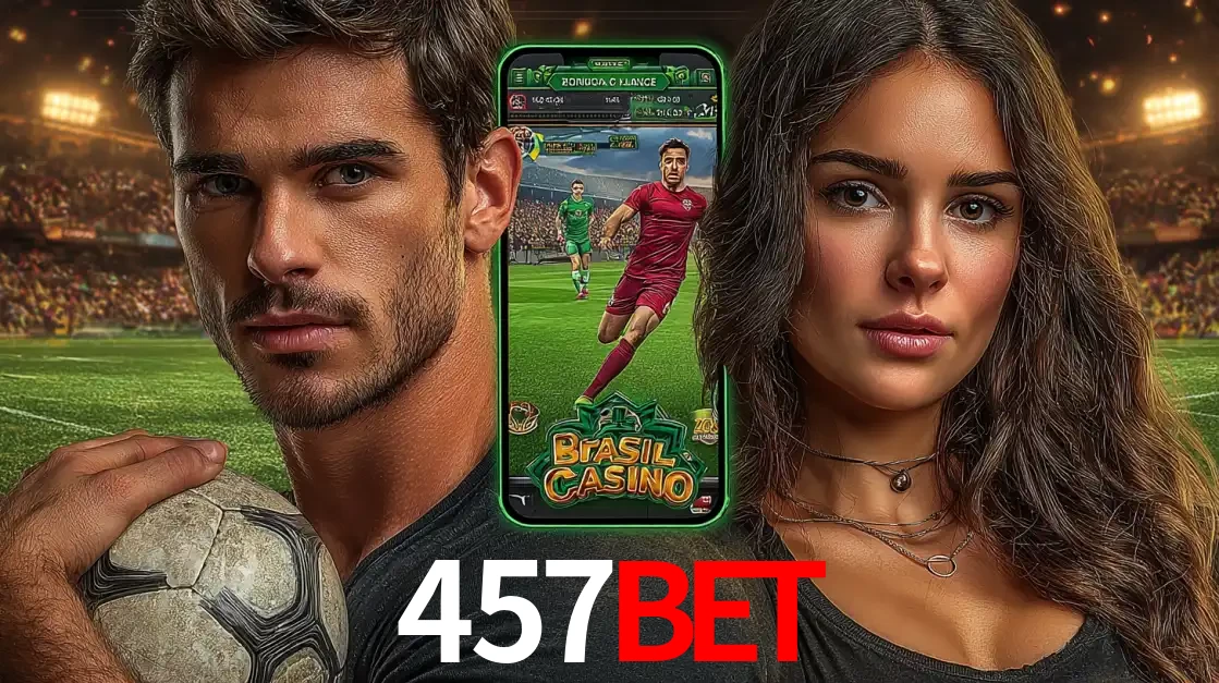 Homem segurando uma bola de futebol e uma mulher ao lado de um smartphone exibindo o jogo de apostas esportivas da 457BET. Faça seu palpite no cassino online.